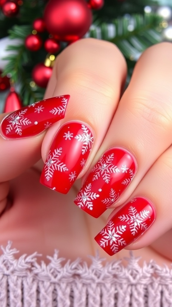 Red Christmas nails with snowflake designs and glitter on a festive background.